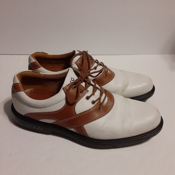 ECCO Men's Premiere Soft Spike Golf Shoes White/Brown Leather Size 44 US 10-10.5 - Picture 1 of 8